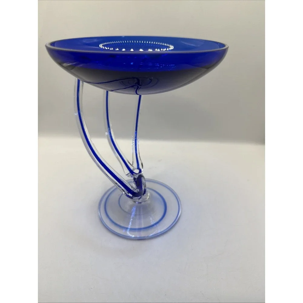 Vintage Jozefina Krosno Poland Cobalt & Clear Art Glass Pedestal 6.75